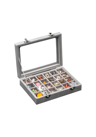 Yystore Takı Saklama Kutusu Kadife Şeffaf Pencere Ücretsiz Kombinasyon Gri