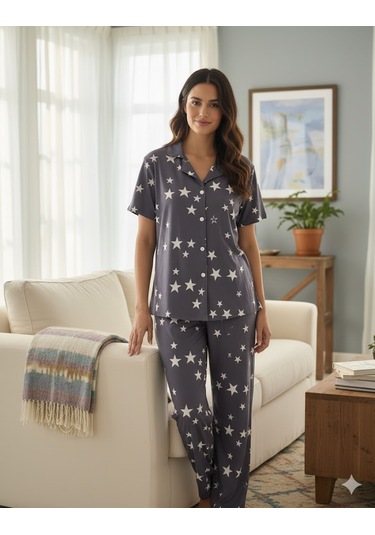 Kadın Yıldızlı Düğme Detaylı Pijama Takımı Gri