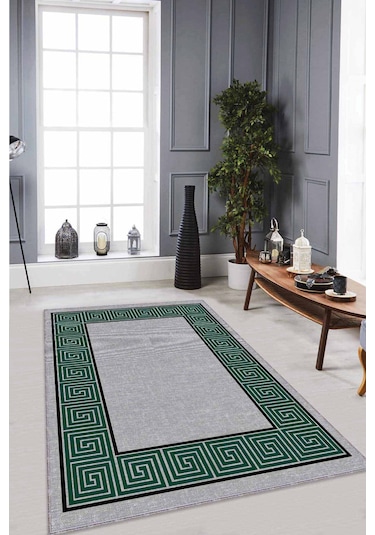 Yeşil Çerçeveli Kaymaz Taban Makinede Yıkanabilir Halı Rv048