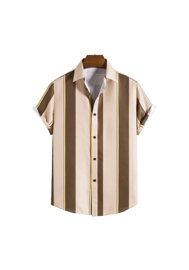 Snapbuy 2025 Erkek 3d Havai Gömlek - Basit Çizgili, Gevşek Nefes, Yazlık Kısa Kolluturuncu Turuncu