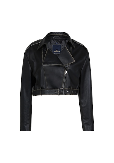 Dericlub Wm022 Gerçek Deri Cropcut Biker Kadın Deri Siyah - Beyaz