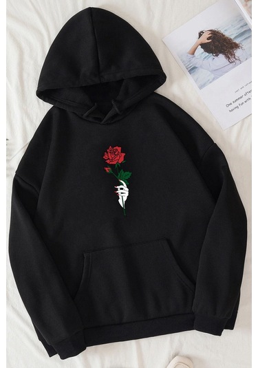 Rose Baskılı Sweatshirt Siyah