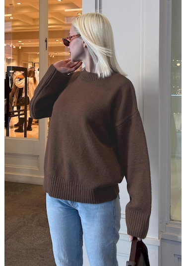 Kahverengi Bisiklet Yaka Oversize Triko Kazak Mg1972 Kahverengi