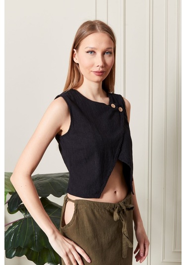 Şık Farklı Tarz Asi Keten Bluz - Modern Ve Cesur Tasarım Siyah