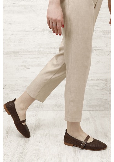 Gönderi R Kahve Antik Hasır Baskılı Mary Jane Hakiki Deri Babet Kahverengi