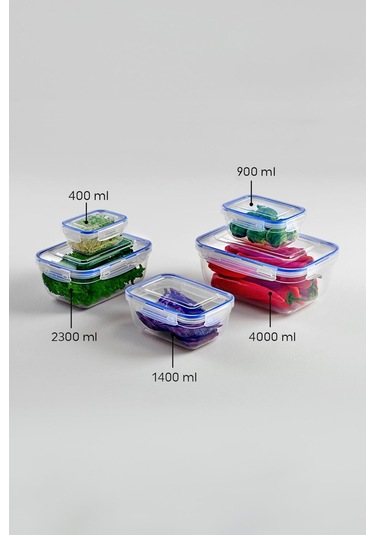 Dikdörtgen 10 Parça Contalı Vakumlu Sızdırmaz Hava Almaz Saklama Kabı Seti 2x 4000/2300/1400/900/400 Ml Şeffaf - Beyaz