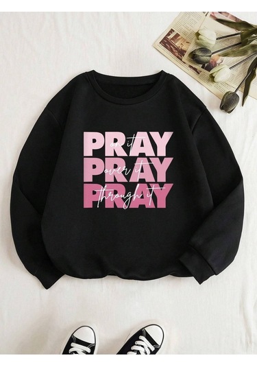Pray Sweatshirt - Siyah Baskılı Oversize Bisiklet Yaka Siyah