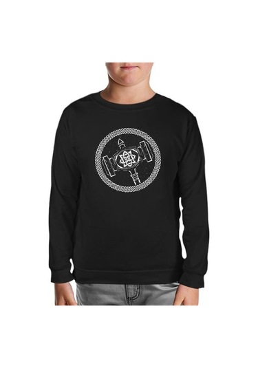 Viking Hammer Logo Siyah Çocuk Sweatshirt 001 Siyah