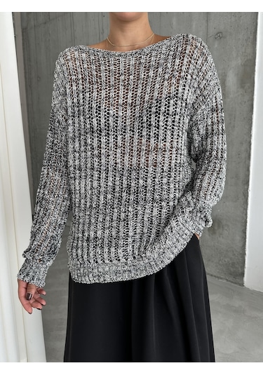 Siyah-ekru Lace Kayık Yaka Pullu Kazak Siyah - Ekru