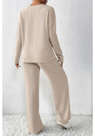 Unisex Bej Raporlu İnterlok Kumaş Eşofman Takımı Rahat Ev Ve Günlük Giyim Bej