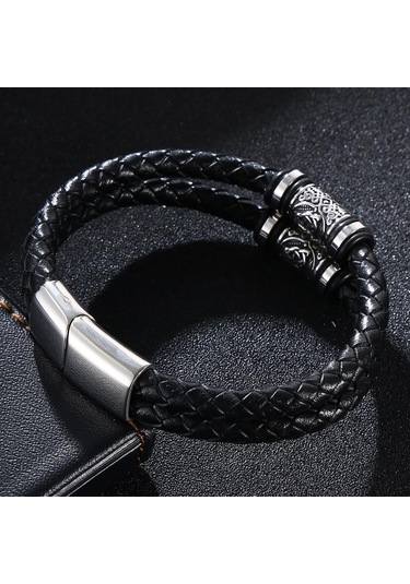 Punk Erkekler Viking Tarzı Deri Bileklik Örgülü Çok Katmanlı Paslanmaz Çelik İskandinav Rünleri Bilezikler Çift Takı Hediye Siyah