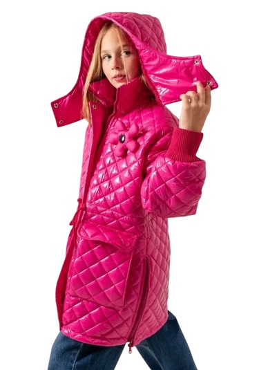 Kız Çocuk Kapitone Model Kapüşonu Çıkabilen İçi Astarlı Etek Kısmı Fermuarlı Parlak Pembe Renk Mont Pembe