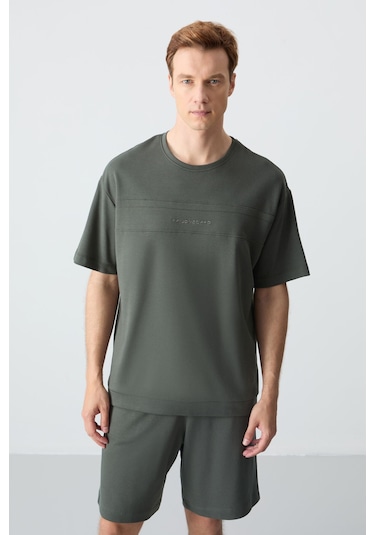 Haki Pamuklu Kalın Yumuşak Dokulu Oversize Fit Basic Erkek Şort Takım - 85257