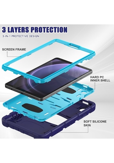 Samsung Galaxy Uyumlu Tab A9 3 Katmanlı Koruma Ekran Çerçevesi + Pc + Silikon Şok Geçirmez Kombinasyon Tableti Tutucu İle