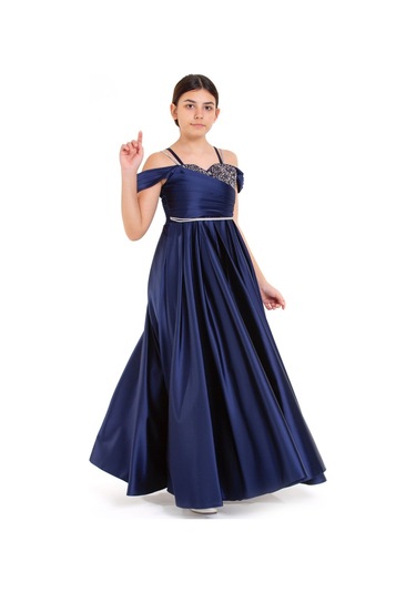 Kız Çocuk Omuz Açık, Taş Detaylı, Uzun Model Lacivert Saten Abiye Elbise Lacivert