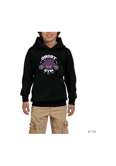 Pokemon Ghost Gym Siyah Çocuk Kapşonlu Sweatshirt