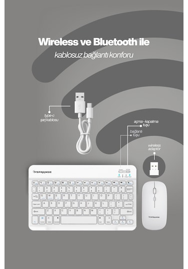 Tablet Ve Telefonlar İçin Bluetooth - Wireless Klavye Ve Mouse Set - Beyaz Diğer