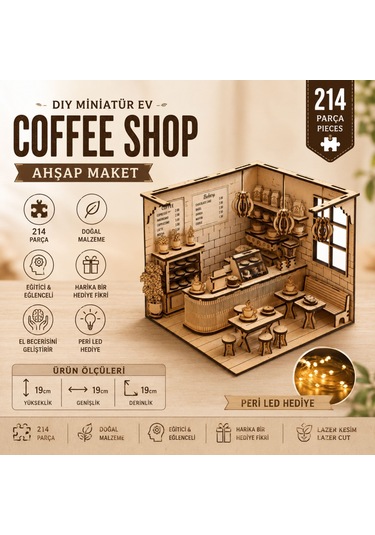 Coffee Shop Ahşap Maket Seti Dıy Miniatür Kafe Peri Led Hediye 214 Parça
