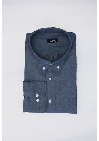 Tudors Büyük Beden Oxford Doku Yaka Düğmeli Cepli Nakışlı Mavi Erkek Gömlek-30424-mavi