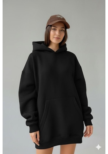 Afri Kadın Oversize Siyah Sweatshirt 3 İplik Şardonlu Kapüşonlu Cepli Rahat Kalıp Siyah