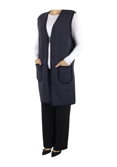 Kadın Desenli Üç Düğmeli Kalın Kışlık Yelek Lacivert