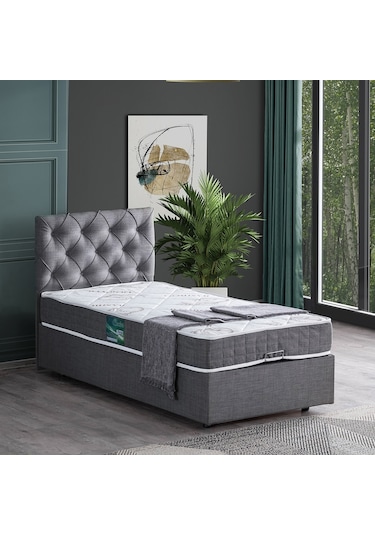 Setaymobilya Baza, Tek Kişilik Eylül Baza + Başlık + Comfort Yatak Seti, Gri