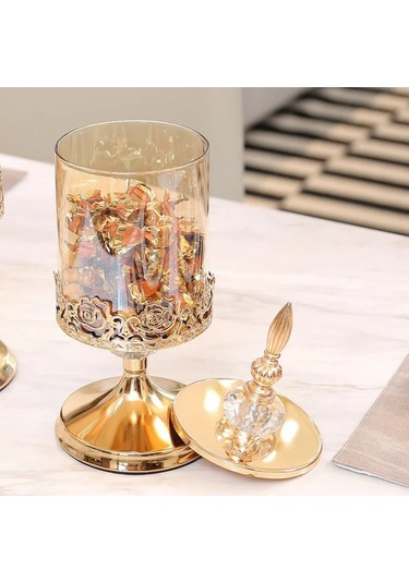 Monyee Modern Basit Stilde Metal Ve Kristal Cam Mumluk, Depolama Kavanozu, Dekorasyon - Fransız Altın, 29cm Büyük Boyut, Pembe Dantel Desenli, 3d Kesikli Kristal