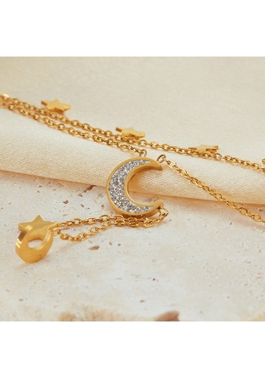 Sones Opk Gx2437 Paslanmaz Çelik Yıldız Ay Püskül Kolye Çift Katmanlı Yığılmış Köprücük Kemiği Zinciri Altın