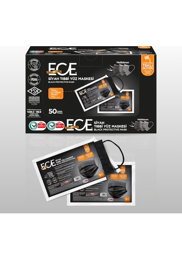 Ece Full Ultrasonik Tek Tek Paketli Meltblownlu Maske 150 Adet Siyah