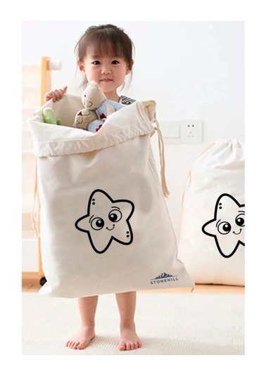 Yıldız Desenli Çok Amaçlı Kanvas Kirli Çamaşır Torbası 50x70 Cm Açık Bej Açık Bej