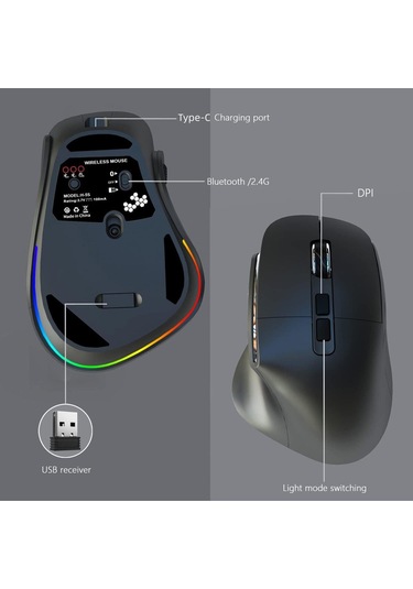 Siyah Kablosuz Ergonomik Zarif Tasarım Rgb Dual Moude 2.4ghz+bt5.0 Ofis Ve Gaming Oyuncu Faresi Diğer