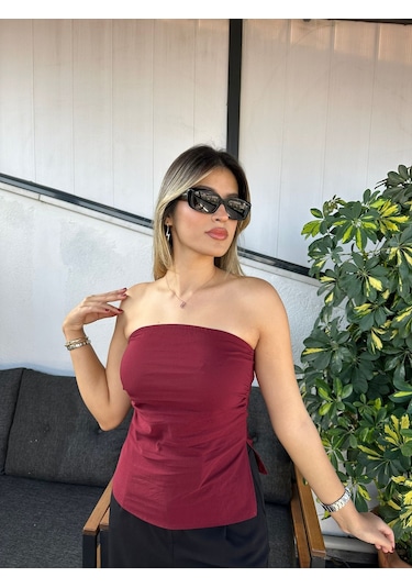 Lupinn Moda Kadın Straplez Büzgülü Askısız Bluz Bordo Ve Siyah Renk Seçenekli Bordo