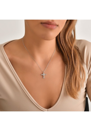 925 Ayar Gümüş Uçak Kolye, Beyaz 77170769