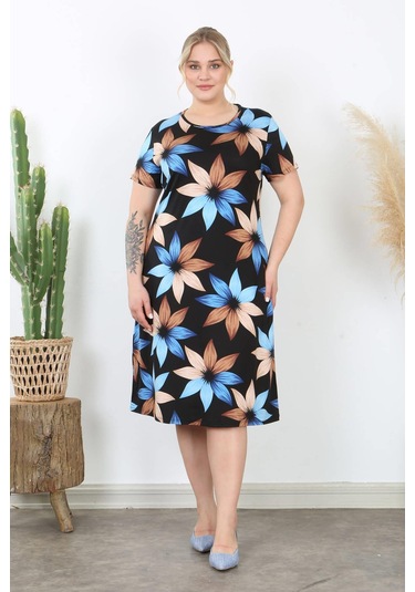 Kadın Mavi Kahve Çiçek Desen Midi Elbise Mavi Kahve Mavi - Kahverengi