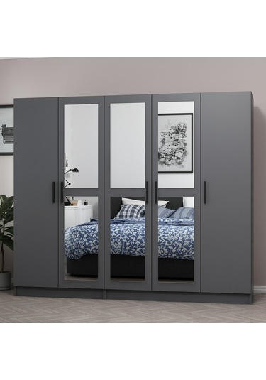 Minar Kale 5 Kapaklı 3 Aynalı 2 Çekmeceli Dolap Antrasit 210cm Antrasit