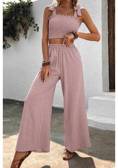 Üstü Gipeli Crop Beli Lastikli Bol Pantolon İkili Alt Üst Takım Pudra Pudra