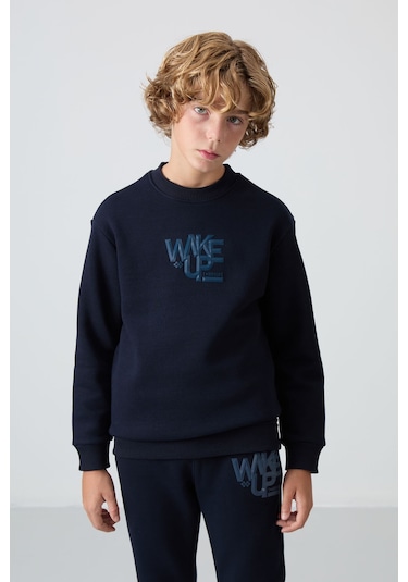 Lacivert Pamuklu Kalın İçi Tüylü Yumuşak Dokulu Standart Fit Baskılı Erkek Çocuk Eşofman Takım - 11 Lacivert