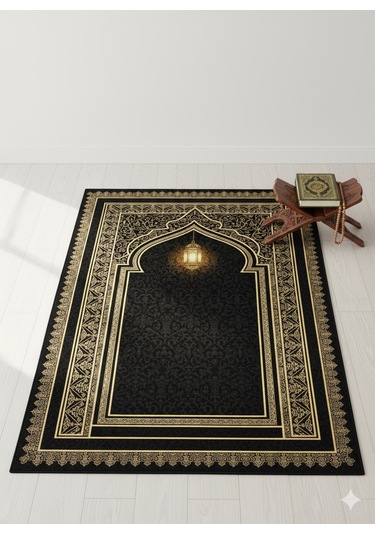 Siyah Seccade Ve Namazlık Dijital Baskılı Yumuşak Diz Acıtmaz Siyah - Altın