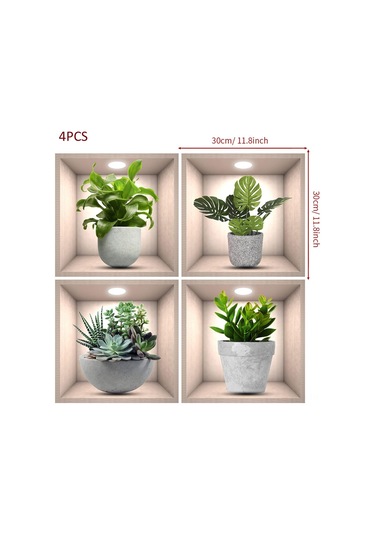 Qingmipy 3d Yeşil Bitki Duvar Sticker, 4 Adet, Vinyl, Su Geçirmez, Kolay Uygulama, 30x30cm, Çeşitli Yüzeyler İçin, Salon Dekoru Çok Renkli