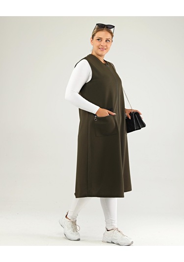 Kadın Deri Cepli Buyuk Beden Uzun Yelek 001