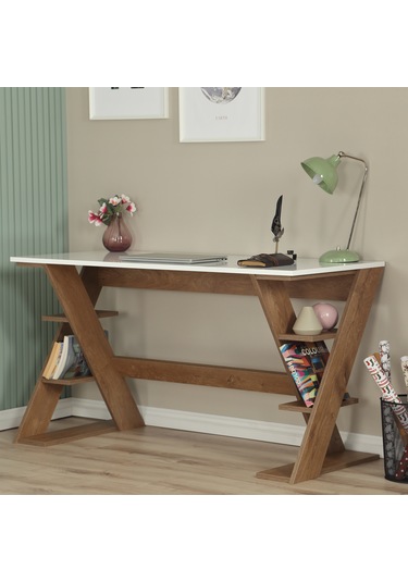 Pasific Home Lungo Raflı Çalışma Masası, Ofis Masası, 60X140 Cm, Koyu Meşe&Beyaz