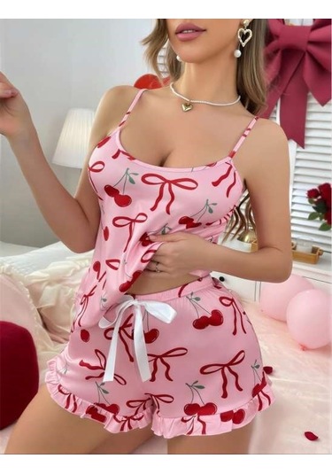 Civetta Pembeüstüne Kiraz Desenli Askılı Şortlu Pijama Takımı Pembe