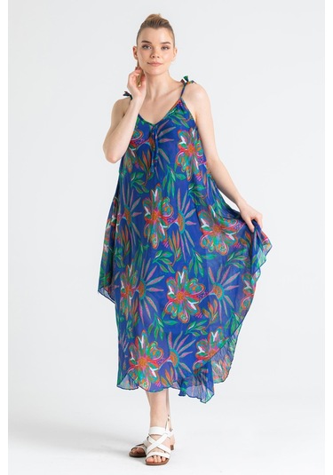 Askılı Vual Afrodit Midi Boy Elbise Saks 6192 - Kadın