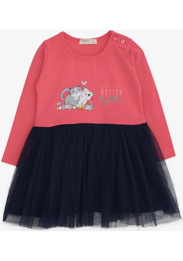 Breeze Kız Çocuk Uzun Kollu Elbise Kedicik Baskılı 1.5-5 Yaş, Mercan-mercan Mercan