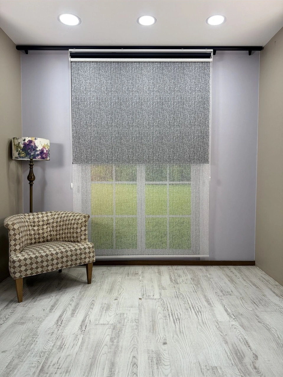 Olympos Serisi Kırçıl Desenli Çift Mekanizmalı Beyaz Tül Siyah Stor Perde Siyah