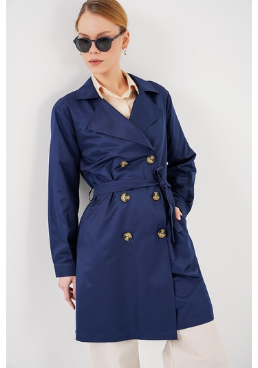 5864 Kruvaze Yaka Kısa Trençkot - Lacivert Lacivert