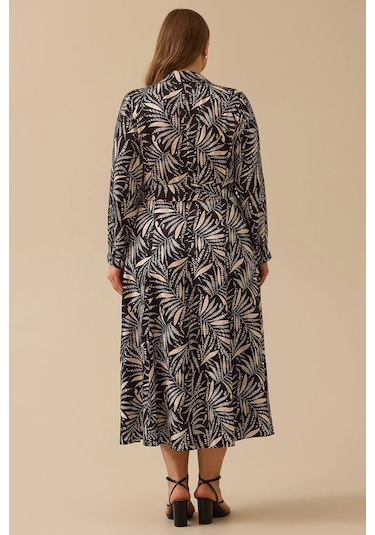 Galaxi Kadın Büyük Beden Desenli Kuşaklı Saten Elbise 4016 Siyah Siyah