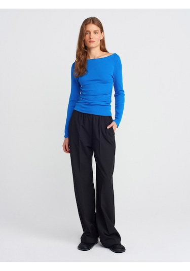 Dilvin 31401 Büzgülü Kayık Yaka Top-saks Saks