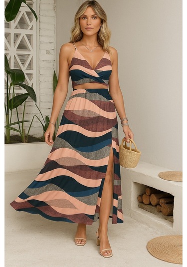 Evyora Kadın Kolsuz Askılı Crop Ikili Süprem Takım Desenli