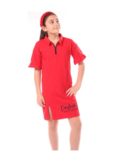 Toontoy Kız Çocuk Yakalı Fermuar Detaylı Perfect Fit Baskılı Elbise Kırmızı